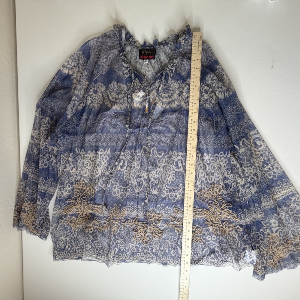 NWT Johnny Was Biya Mazzy Peasant Blouse Size 3X Francis Blue Mesh Embroidered - Picture 12 of 14